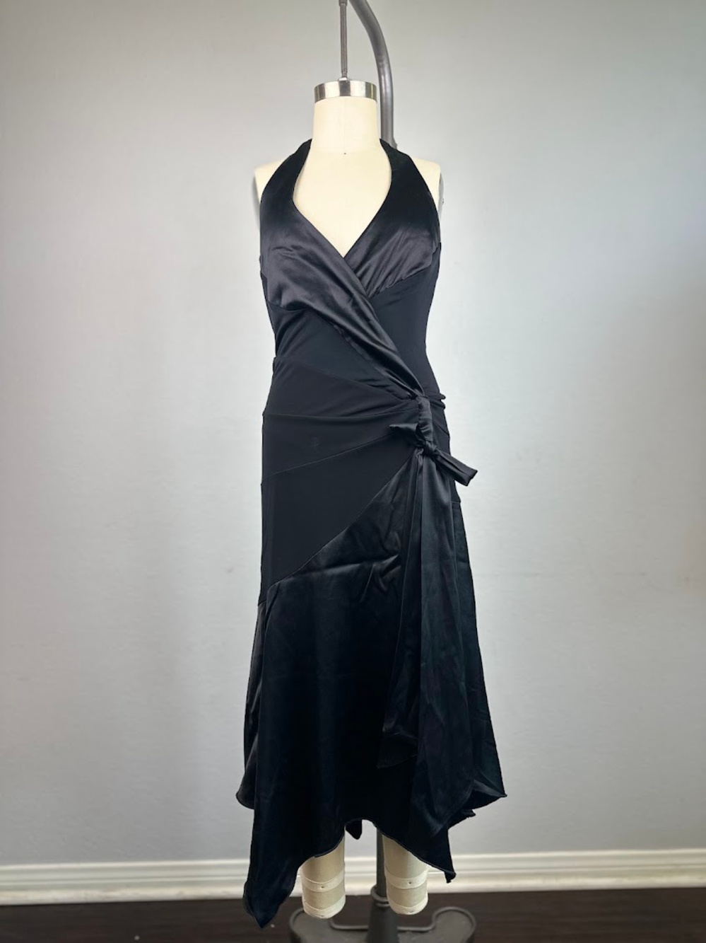 Bebe Y2K Black Halter Wrap Asymmetrical Midi Dress Size S